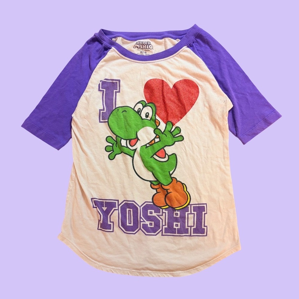 Y2K Vintage Super Mario I Heart Yoshi Graphic Baseball Tee Scene #17